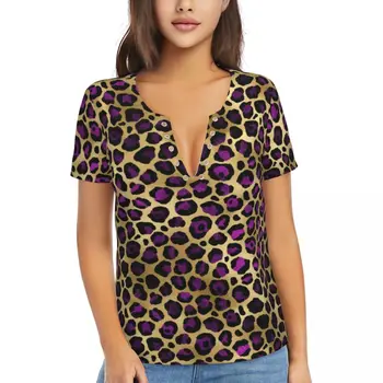 Футболка с леопардовым принтом Фиолетовый и золотой Винтажные футболки с глубоким V-образным вырезом Классическая футболка с коротким рукавом Летняя топ-футболка Большой размер