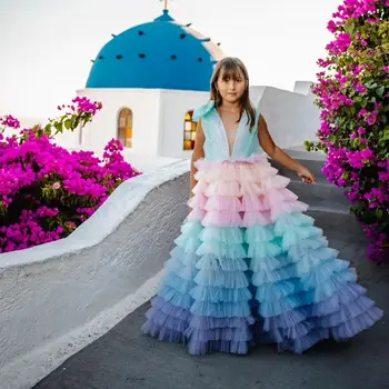  Многоцветные платья для девочек с многоуровневыми оборками Детские платья на день рождения Пышные платья без рукавов для детей Фотография Конкурсные платья