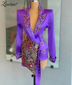 Lowime Фиолетовый Формальный V-образный вырез с длинными рукавами Короткие платья для вечеринок Хрустальное бисерное женское мини-коктейльное платье больших размеров Индивидуальный костюм 2022