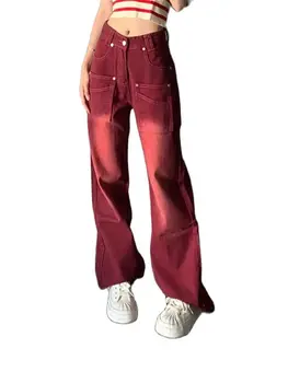 Harajuku Streetwear Red Wash Ретро Мода Женщины Джинсы с высокой талией Свободные широкие штанины Прямые свободные джинсовые брюки Y2K Мешковатые брюки