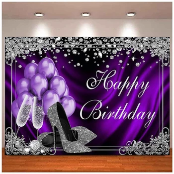 Серебристый Фиолетовый Фотография Фон Воздушные Шары Высокие Каблуки Шампанское Бриллиант Взрослые Женщины День Рождения Баннер Декор Фон