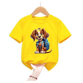 2024 Kawaii Dogs Love Мороженое Животный принт Желтая футболка для девочек / мальчиков Смешная детская одежда Йоркширский терьер Корги Футболка