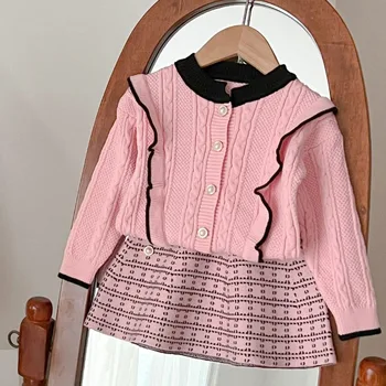 Детский комплект одежды для девочек осень-зима Fahsion свитер и юбка 2шт костюм с оборками топ розовый белый детский осенний наряд комплекты одежды