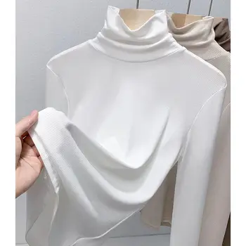2023 Новые модные топы для женщин Одежда Осень-зима Рубашка с длинными рукавами Рубашка с круглым воротником Slim Solid Color T T425