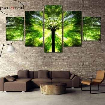 OKHOTCN Картины на холсте в рамке Настенное искусство HD Принты Домашний декор Комната 5 штук Зеленый лес Деревья Картины Природа Пейзаж Плакаты